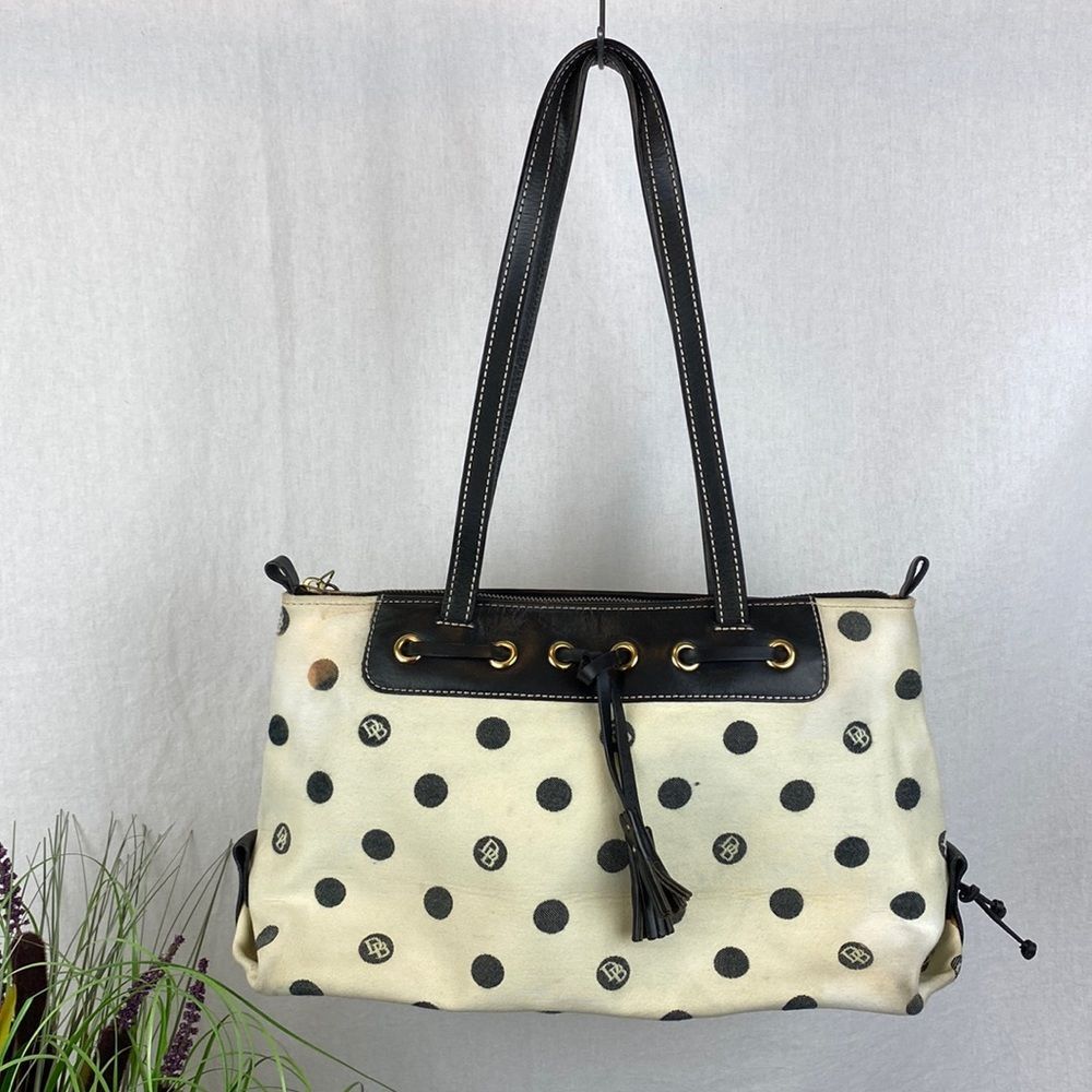 Dooney & Bourke Ivory & Black Polka Dot Cloth & Leather Shoulder Bag